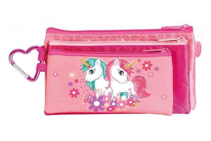 קלמר 3 תאים חד קרן דגם רקע ורוד