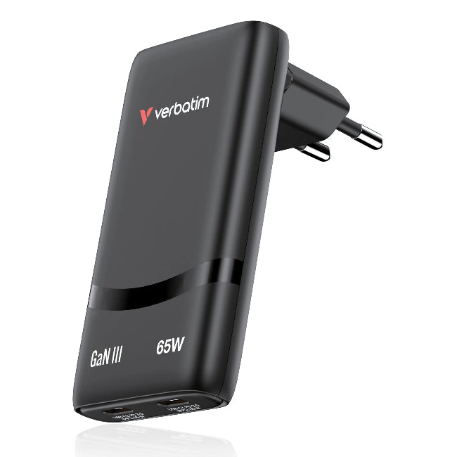 מטען קיר Verbatim Fold 'n' Go GaN עם שתי יציאות USB-C 65W