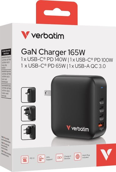 מטען קיר 165W עם 3 יציאות USB-C ויציאת USB-A לטעינה מהירה GaN  Verbatim