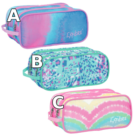 Explore Pencil Case for Girls 2 Compartments Dai Pink+Yellow+Leopard