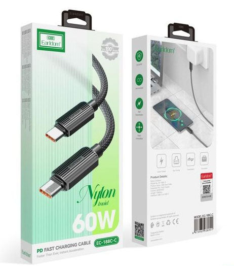 כבל  60W TYPE C ל- TYPE-C ,  סיב קלוע כבל טעינה מהירה