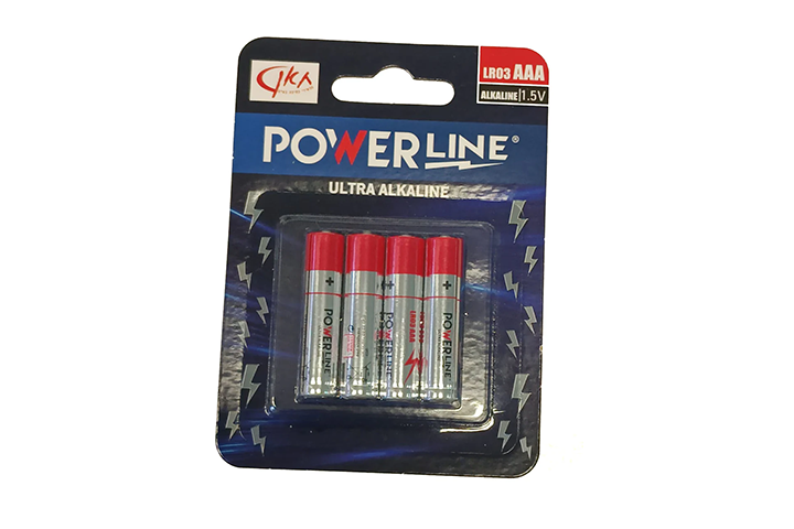 Set of 4 AAA alkaline batteries, packed in a blister pack of 4, POWER LINE