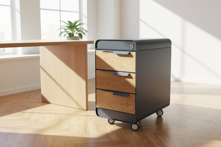 ארגז מגירות 3 תאים מתכת PEDESTAL  - מסגרת ברזל אפור דלתות גוון עץ טבעי